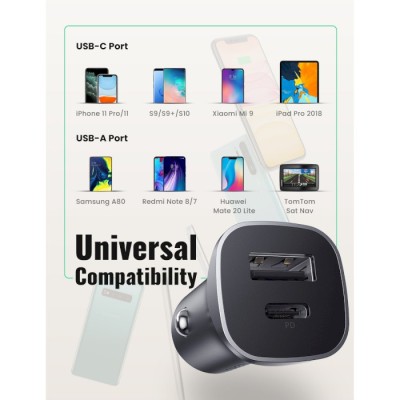 Автомобільний Зарядний пристрій UGREEN CD130 Dual USB Car Charger 20W 3A (30780) Space Gray