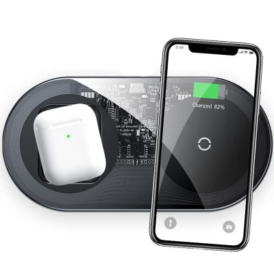Бездротовий зарядний пристрій Baseus Simple 2in1 (WXJK-A01) Crystal (Phone + Pods) Black Бездротовий зарядний пристрій Baseus Simple 2in1 (WXJK-A01) Crystal (Phone + Pods) Black