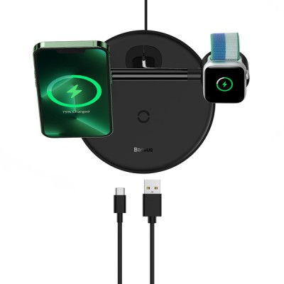 Бездротовий зарядний пристрій Baseus Swan 3-in-1 Wireless Magnetic Charging Bracket 20W (WXTE000101) Black Бездротовий зарядний пристрій Baseus Swan 3-in-1 Wireless Magnetic Charging Bracket 20W (WXTE000101) Black