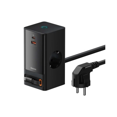 Зарядний Пристрій Baseus 65W PowerCombo Digital PowerStrip (2 AC + 1 USB + Type-C + Кабель Type-C) 1,5м (PSLR000301) Black