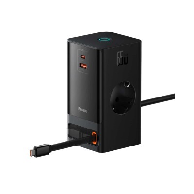 Зарядний Пристрій Baseus 65W PowerCombo Digital PowerStrip (2 AC + 1 USB + Type-C + Кабель Type-C) 1,5м (PSLR000301) Black