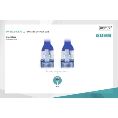 Патч-корд CAT 5e U-UTP, Cu, PVC AWG 26/7, довжина 0,5 м, колір синій DK-1511-005/B DIGITUS by ASSMANN Патч-корд CAT 5e U-UTP, Cu, PVC AWG 26/7, довжина 0,5 м, колір синій DK-1511-005/B DIGITUS by ASSMANN
