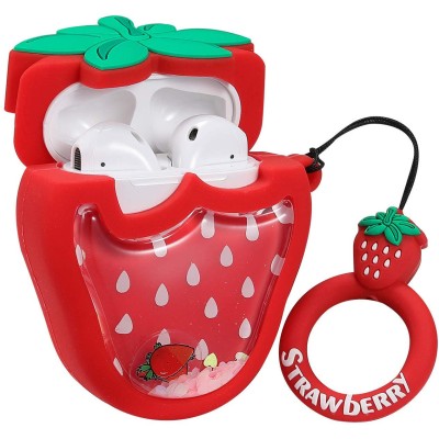 Силіконовий футляр Fruits series with Sparkles & Water для навушників AirPods 1/2 + кільце strawberry / Червоний
