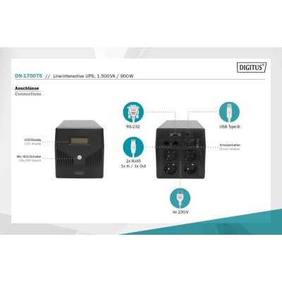 Джерело безперебійного живлення UPS LINE-INTERACTIVE 1500VA 900W DN-170075 ASSMANN