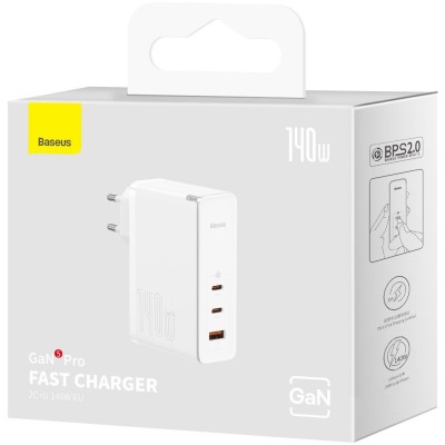 Зарядний Пристрій Baseus GaN5 Pro 140W 2 x Type-C + USB + Кабель Type-C - Type-C (CCGP100202) white