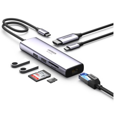 USB-хаб UGREEN CM512 USB Type-C To 2xUSB3.0+HDMI+RJ45+SD&TF +PD Port Converter Gray (60515) USB-хаб UGREEN CM512 USB Type-C To 2xUSB3.0+HDMI+RJ45+SD&TF +PD Port Converter Gray (60515)