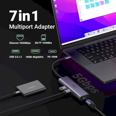 USB-хаб UGREEN CM512 USB Type-C To 2xUSB3.0+HDMI+RJ45+SD&TF +PD Port Converter Gray (60515) USB-хаб UGREEN CM512 USB Type-C To 2xUSB3.0+HDMI+RJ45+SD&TF +PD Port Converter Gray (60515)