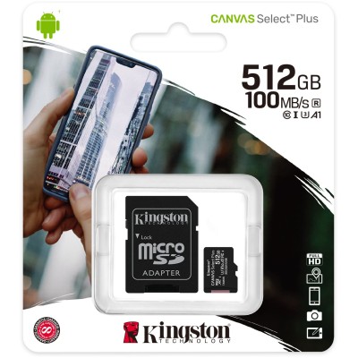 Карта пам'яті Kingston microSDXC 512B Canvas Select Plus Class 10 UHS-I U3 V30 A1 + SD-адаптер (SDCS2/512GB)