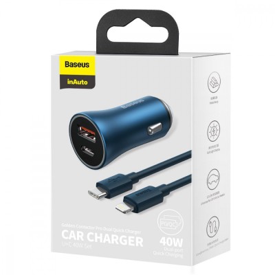 АЗП Baseus Golden Contactor Pro 40W USB + Type-C + Cable Type-C to Lightning (1m) (TZCCJD-B0G) Dark Gray
