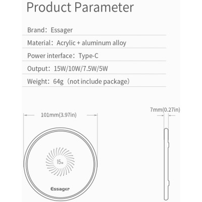 Безпровідний Зарядний пристрій ESSAGER Mirrow Desktop 15W Qi Magnetic Wireless Phone Charger (With 1m Cable Type-C For Charging) Безпровідний Зарядний пристрій ESSAGER Mirrow Desktop 15W Qi Magnetic Wireless Phone Charger (With 1m Cable Type-C For Charging)