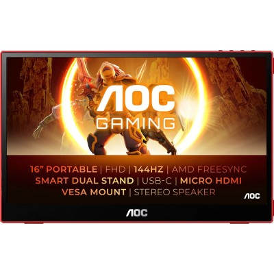 Монiтор TFT AOC 15.6" 16G3 IPS FHD 144Hz HDMI USB-C MM Gaming Portable Black/Red Монiтор TFT AOC 15.6" 16G3 IPS FHD 144Hz HDMI USB-C MM Gaming Portable Black/Red