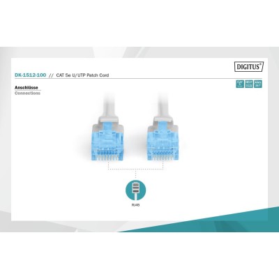 Патч-корд CAT 5e U-UTP, PVC AWG 26/7, довжина 10 м, колір сірий DK-1512-100 DIGITUS by ASSMANN
