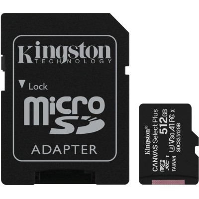 Картка пам*ятi microSDXC 512Gb Kingston Canvas UHS-I/U3 Class 10 Select Plus R100/W85MB/s + SD-адаптер (SDCS2/512GB)