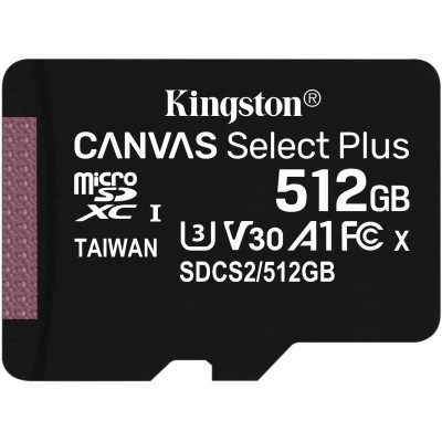 Картка пам*ятi microSDXC 512Gb Kingston Canvas UHS-I/U3 Class 10 Select Plus R100/W85MB/s + SD-адаптер (SDCS2/512GB)