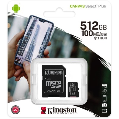 Картка пам*ятi microSDXC 512Gb Kingston Canvas UHS-I/U3 Class 10 Select Plus R100/W85MB/s + SD-адаптер (SDCS2/512GB)