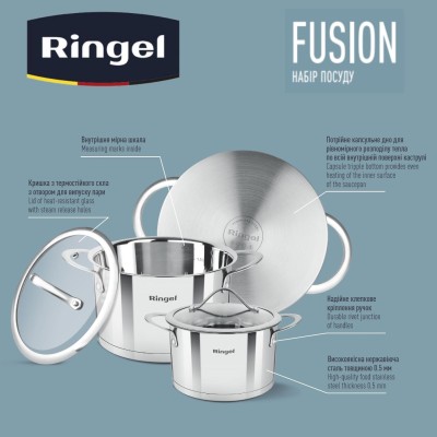 Набір посуду RINGEL FUSION набір кастрюль 6 пр. 1.9 л+2.6 л+3.6 л (RG-6007) Набір посуду RINGEL FUSION набір кастрюль 6 пр. 1.9 л+2.6 л+3.6 л (RG-6007)