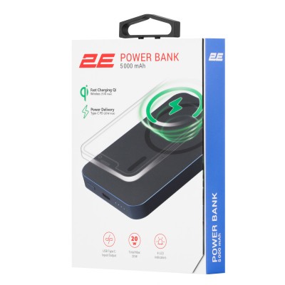 Акумулятор портативний літій-іонний Power Bank 2E Wireless QI 5000мА·год, 20Вт, PD, синій (2E-PB0545-BLUE)