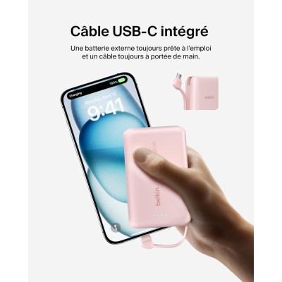 Акумулятор портативний літій-іонний Power Bank Belkin 10000мА·год, 20Вт, з інтегрованим кабелем USB-C, рожевий Акумулятор портативний літій-іонний Power Bank Belkin 10000мА·год, 20Вт, з інтегрованим кабелем USB-C, рожевий