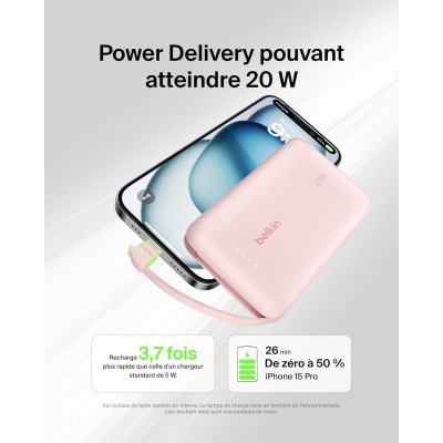 Акумулятор портативний літій-іонний Power Bank Belkin 10000мА·год, 20Вт, з інтегрованим кабелем USB-C, рожевий Акумулятор портативний літій-іонний Power Bank Belkin 10000мА·год, 20Вт, з інтегрованим кабелем USB-C, рожевий