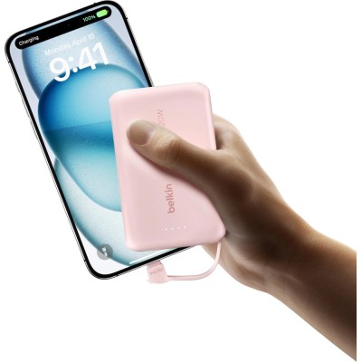 Акумулятор портативний літій-іонний Power Bank Belkin 10000мА·год, 20Вт, з інтегрованим кабелем USB-C, рожевий Акумулятор портативний літій-іонний Power Bank Belkin 10000мА·год, 20Вт, з інтегрованим кабелем USB-C, рожевий