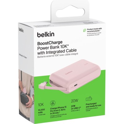 Акумулятор портативний літій-іонний Power Bank Belkin 10000мА·год, 20Вт, з інтегрованим кабелем USB-C, рожевий Акумулятор портативний літій-іонний Power Bank Belkin 10000мА·год, 20Вт, з інтегрованим кабелем USB-C, рожевий