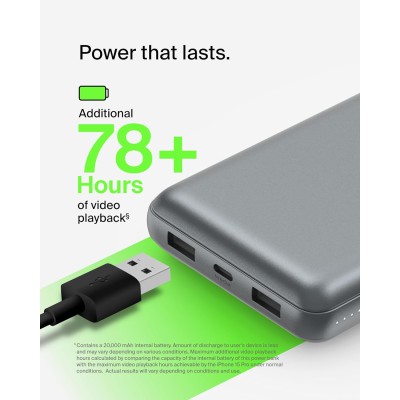Акумулятор портативний літій-іонний Power Bank Belkin 20000мА·год, 15Вт, 2хUSB-A/USB-C, cірий Акумулятор портативний літій-іонний Power Bank Belkin 20000мА·год, 15Вт, 2хUSB-A/USB-C, cірий