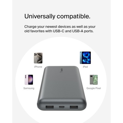 Акумулятор портативний літій-іонний Power Bank Belkin 20000мА·год, 15Вт, 2хUSB-A/USB-C, cірий Акумулятор портативний літій-іонний Power Bank Belkin 20000мА·год, 15Вт, 2хUSB-A/USB-C, cірий