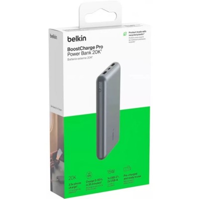 Акумулятор портативний літій-іонний Power Bank Belkin 20000мА·год, 15Вт, 2хUSB-A/USB-C, cірий Акумулятор портативний літій-іонний Power Bank Belkin 20000мА·год, 15Вт, 2хUSB-A/USB-C, cірий
