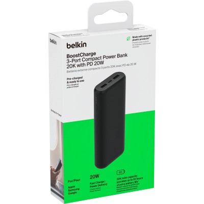 Акумулятор портативний літій-іонний Power Bank Belkin 20000мА·год, 20Вт, 2хUSB-A/USB-C, чорний Акумулятор портативний літій-іонний Power Bank Belkin 20000мА·год, 20Вт, 2хUSB-A/USB-C, чорний