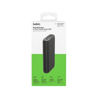 Акумулятор портативний літій-іонний Power Bank Belkin 26000мА·год, 32Вт, USB-A/USB-C PD PPS, чорний Акумулятор портативний літій-іонний Power Bank Belkin 26000мА·год, 32Вт, USB-A/USB-C PD PPS, чорний