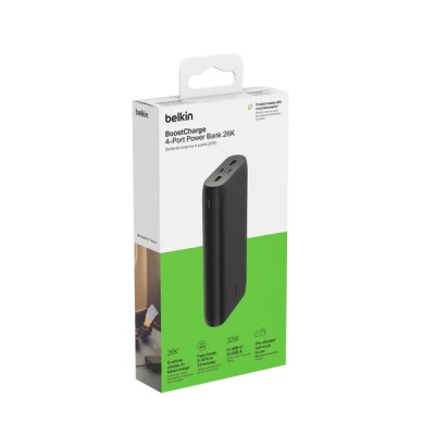 Акумулятор портативний літій-іонний Power Bank Belkin 26000мА·год, 32Вт, USB-A/USB-C PD PPS, чорний Акумулятор портативний літій-іонний Power Bank Belkin 26000мА·год, 32Вт, USB-A/USB-C PD PPS, чорний
