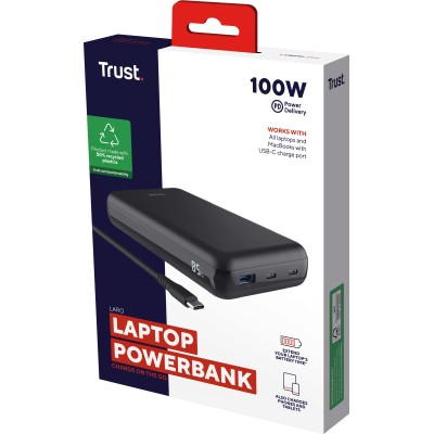 Акумулятор портативний літій-іонний power bank Trust Laro, 20000 мА·год, USB-A/2хUSB-C, 100w, чорний Акумулятор портативний літій-іонний power bank Trust Laro, 20000 мА·год, USB-A/2хUSB-C, 100w, чорний