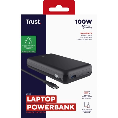 Акумулятор портативний літій-іонний power bank Trust Laro, 20000 мА·год, USB-A/2хUSB-C, 100w, чорний Акумулятор портативний літій-іонний power bank Trust Laro, 20000 мА·год, USB-A/2хUSB-C, 100w, чорний