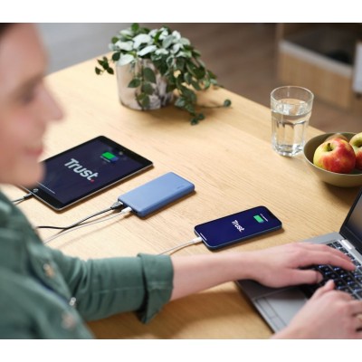 Акумулятор портативний літій-іонний power bank Trust Primo ECO, 10000мА·год, 2хUSB-A/USB-C, 15W, синій