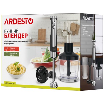 Блендер Ardesto заглибний 1000Вт, 3в1, чаша-600мл, чопер-500мл, насадка для пюре, чорно-сріблястий (HBG-1000BCHP) Блендер Ardesto заглибний 1000Вт, 3в1, чаша-600мл, чопер-500мл, насадка для пюре, чорно-сріблястий (HBG-1000BCHP)