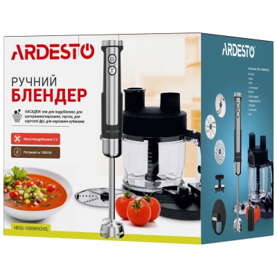 Блендер Ardesto заглибний 1000Вт, 7в1, чаша-2000мл, насадка для нарізання кубиками, чорно-сріблястий (HBSG-1000WHCHSL) Блендер Ardesto заглибний 1000Вт, 7в1, чаша-2000мл, насадка для нарізання кубиками, чорно-сріблястий (HBSG-1000WHCHSL)