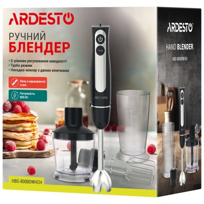 Блендер Ardesto заглибний 800Вт, 3в1, чаша-600мл, чопер-500мл, чорно-сріблястий (HBG-800BDWHCH) Блендер Ardesto заглибний 800Вт, 3в1, чаша-600мл, чопер-500мл, чорно-сріблястий (HBG-800BDWHCH)