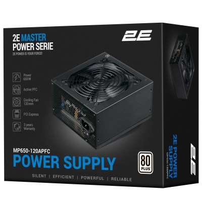 Блок живлення 2E Master Power (650W), >80%, 80+ White, 120мм, 1xMB 24pin(20+4), 1xCPU 8pin(4+4), 3xMolex, 5xSATA, 2xPCIe 8pin(6+ Блок живлення 2E Master Power (650W), >80%, 80+ White, 120мм, 1xMB 24pin(20+4), 1xCPU 8pin(4+4), 3xMolex, 5xSATA, 2xPCIe 8pin(6+