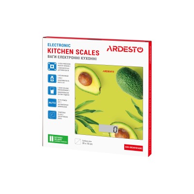Ваги Ardesto кухонні Avocado, 5кг, AAAx2 в комплекті, скло, багатокольоровий (SCK-893AVOCADO) Ваги Ardesto кухонні Avocado, 5кг, AAAx2 в комплекті, скло, багатокольоровий (SCK-893AVOCADO)