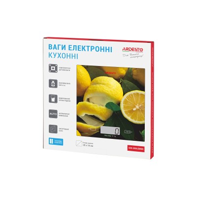 Ваги Ardesto кухонні Lemon, 5кг, AAAx2 в комплекті, скло, багатокольоровий (SCK-893LEMON) Ваги Ardesto кухонні Lemon, 5кг, AAAx2 в комплекті, скло, багатокольоровий (SCK-893LEMON)