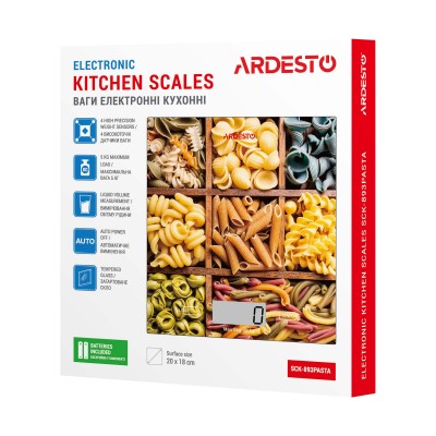 Ваги Ardesto кухонні Pasta, 5кг, AAAx2 в комплекті, скло, багатокольоровий (SCK-893PASTA) Ваги Ardesto кухонні Pasta, 5кг, AAAx2 в комплекті, скло, багатокольоровий (SCK-893PASTA)