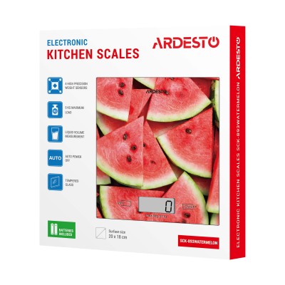 Ваги Ardesto кухонні Wаtermelon, 5кг, AAAx2 в комплекті, скло, багатокольоровий (SCK-893WATERMELON) Ваги Ardesto кухонні Wаtermelon, 5кг, AAAx2 в комплекті, скло, багатокольоровий (SCK-893WATERMELON)