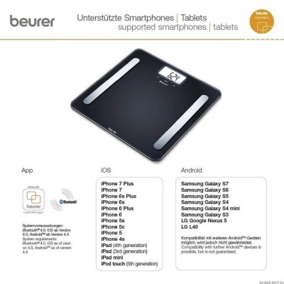 Ваги Beurer підлогові, 180кг, підкл. до смартфону, сенс. керування, AAAх2 в комплекті, скло, чорний (BF_600_PURE_BLACK)