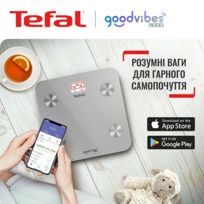 Ваги Tefal підлогові Goodvibes Life, 160кг, Bluetooth, AAAx3 в комплекті, скло, сірий (BM9600S1) Ваги Tefal підлогові Goodvibes Life, 160кг, Bluetooth, AAAx3 в комплекті, скло, сірий (BM9600S1)