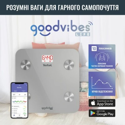 Ваги Tefal підлогові Goodvibes Life, 160кг, Bluetooth, AAAx3 в комплекті, скло, сірий (BM9600S1) Ваги Tefal підлогові Goodvibes Life, 160кг, Bluetooth, AAAx3 в комплекті, скло, сірий (BM9600S1)