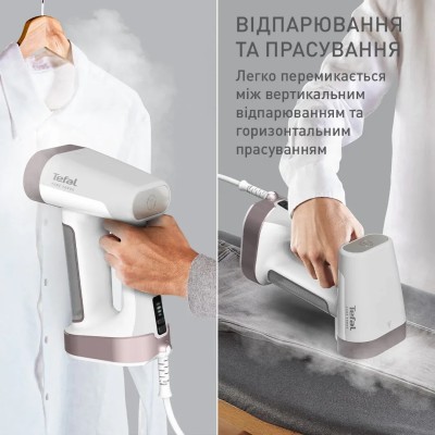 Відпарювач Tefal компактний Pure Force 2в1, 1800Вт, 180мл, постійна пара - 35гр, керам. підошва, білий (DT8720E0) Відпарювач Tefal компактний Pure Force 2в1, 1800Вт, 180мл, постійна пара - 35гр, керам. підошва, білий (DT8720E0)