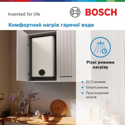 Водонагрівач електр. BOSCH плаский слім Tronic 3500, 80л, 1.5кВт, ун. монтаж, електр. кер-ння, B, білий (7736507293)