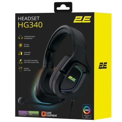 Гарнітура ігрова 2E GAMING HG340, mini-jack/dual 3.5mm, RGB, 2м, чорний (2E-HG340BK)