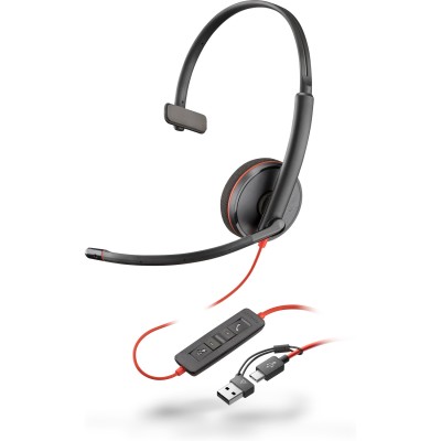 Гарнітура комп'ютерна моно On-ear Poly Blackwire 3210, USB-A, USB-C, всеспрямований, чорний Гарнітура комп'ютерна моно On-ear Poly Blackwire 3210, USB-A, USB-C, всеспрямований, чорний
