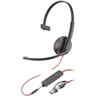 Гарнітура комп'ютерна моно On-ear Poly Blackwire 3215, USB-A, USB-C, 3.5 мм, всеспрямований, чорний Гарнітура комп'ютерна моно On-ear Poly Blackwire 3215, USB-A, USB-C, 3.5 мм, всеспрямований, чорний